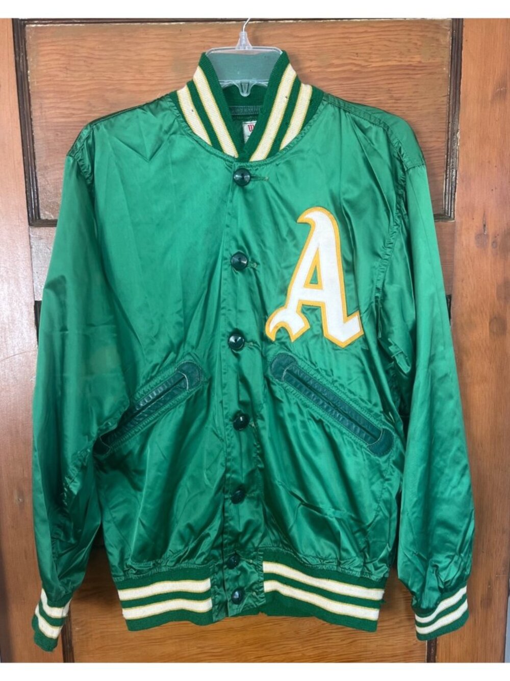 Vintage 1968 Oakland Athletics  Satin Wilson Warmup Jacket 42 Leather Pockets